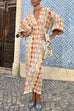 Mixiedress V Neck Lantern Sleeves Geometric Print Maxi Dress