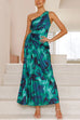 Mixiedress One Shoulder Drawstring Cut Out Printed Maxi Pleated Dress