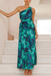 Mixiedress One Shoulder Drawstring Cut Out Printed Maxi Pleated Dress