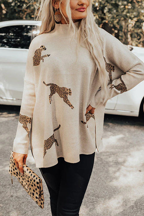 Mixiedress High Neck Side Slit Cheetah Pattern Sweater