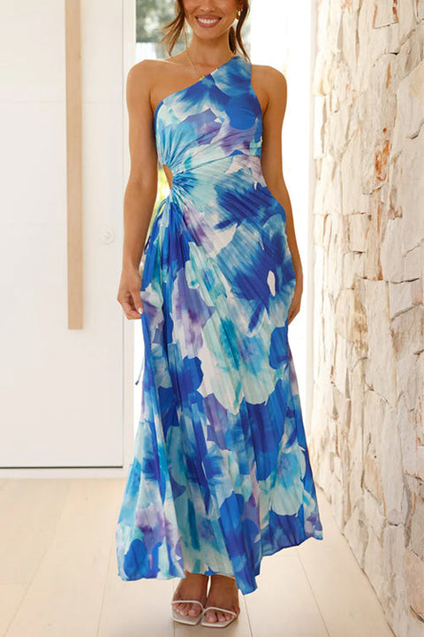 Mixiedress One Shoulder Sleeveless Cut Out Printed Swing Maxi Dress