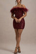 Mixiedress Off Shoulder Feather Trim Sequin Mini Party Dress