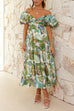 Mixiedress Twist Front Puff Sleeves Ruffle Tiered Printed Maxi Dress