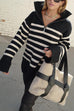 Mixiedress Turtleneck Zip Up Striped Pullover Sweater