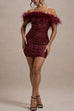 Mixiedress Off Shoulder Feather Trim Sequin Mini Party Dress