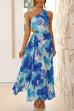 Mixiedress One Shoulder Sleeveless Cut Out Printed Swing Maxi Dress