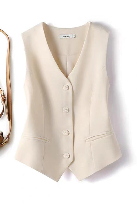 Mixiedress V Neck Button Up Pocketed Blazer Vest