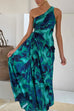 Mixiedress One Shoulder Drawstring Cut Out Printed Maxi Pleated Dress