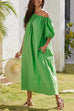 Mixiedress Off Shoulder Puff Sleeves Pocketed Baggy Midi Dress