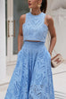 Mixiedress Lace Hollow Out Crewneck Crop Tank Top High Waist Maxi Swing Skirt Set