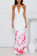 Mixiedress Halter V Neck Backless Ruched Flower Print Maxi Dress