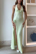 Mixiedress Halter V Neck Backless Slit Rose Applique Knit Maxi Dress