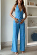 Striped Button Down Tie Knot Backless Top and Wide Leg Pants Set