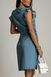 Mixiedress V Neck Button Up Tie Waist Ruffle Trim Denim Dress