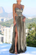 Strapless Cut Out High Slit Metallic Pleated Maxi Dress