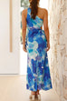 Mixiedress One Shoulder Sleeveless Cut Out Printed Swing Maxi Dress