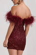 Mixiedress Off Shoulder Feather Trim Sequin Mini Party Dress