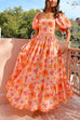 Mixiedress Square Neck Puff Sleeves Floral Print Ruffle Maxi Dress