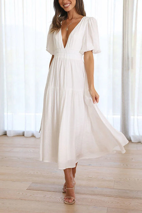 Mixiedress V Neck Lantern Sleeves Waisted Ruffle Maxi Dress