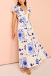 V Neck Puff Sleeves Resort Print A-line Maxi Dress