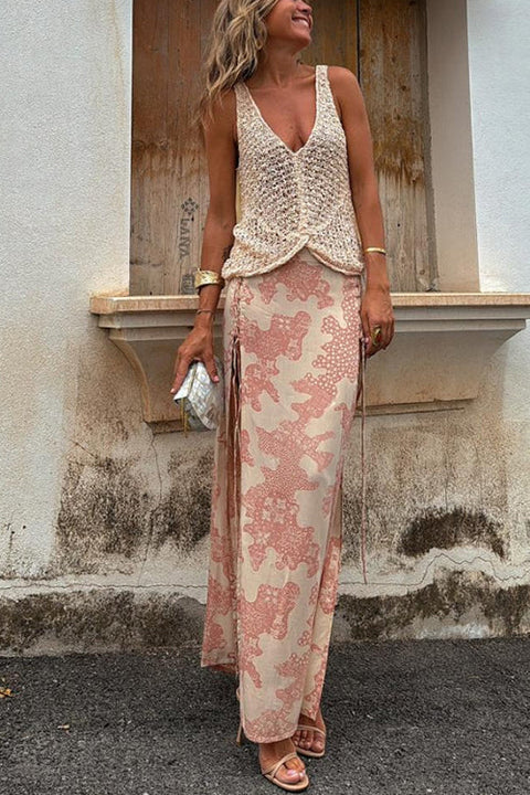 Lace-up High Slit Printed Maxi Skirt