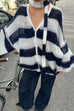 Mixiedress Lantern Sleeves Button Down Color Block Stripes Sweater with Scarf