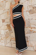 Mixiedress One Shoulder Cut Out Waist Ric Rac Color Block Maxi Dress