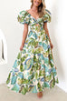 Mixiedress Twist Front Puff Sleeves Ruffle Tiered Printed Maxi Dress