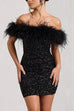 Mixiedress Off Shoulder Feather Trim Sequin Mini Party Dress