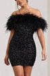 Mixiedress Off Shoulder Feather Trim Sequin Mini Party Dress