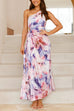 Mixiedress One Shoulder Sleeveless Cut Out Floral Print Pleated Maxi Dress