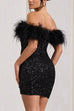 Mixiedress Off Shoulder Feather Trim Sequin Mini Party Dress