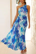 Mixiedress One Shoulder Sleeveless Cut Out Printed Swing Maxi Dress