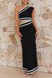 Mixiedress One Shoulder Cut Out Waist Ric Rac Color Block Maxi Dress