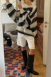 Mixiedress Lantern Sleeves Button Down Color Block Stripes Sweater with Scarf