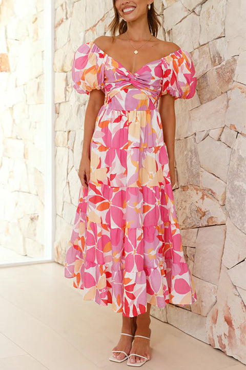 Mixiedress Twist Knot Cut Out Puffle Sleeves Printed Ruffle Maxi Dress