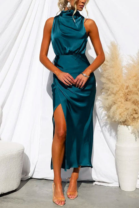 Mixiedress Turtleneck Sleeveless Waisted Slit Midi Satin Dress