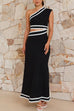 Mixiedress One Shoulder Cut Out Waist Ric Rac Color Block Maxi Dress