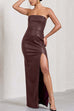 Mixiedress Strapless High Slit Faux Leather Bodycon Maxi Dress