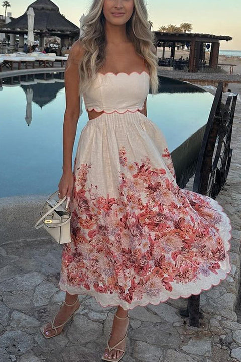 Mixiedress Back Lace-up Cut Out Floral Print A-line Maxi Cami Dress