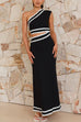 Mixiedress One Shoulder Cut Out Waist Ric Rac Color Block Maxi Dress