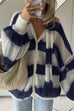 Mixiedress Lantern Sleeves Button Down Color Block Stripes Sweater with Scarf