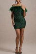 Mixiedress Off Shoulder Feather Trim Sequin Mini Party Dress