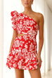 Mixiedress One Shoulder Cut Out Floral Print Ruffle Mini Dress