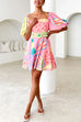 Mixiedress Puff Sleeves Backlesss Rio Print A-line Mini Dress