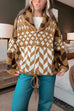 Mixiedress Button Down Drawstring Hem Geometric Pattern Sweater Cardigan