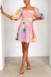 Mixiedress Puff Sleeves Backlesss Rio Print A-line Mini Dress