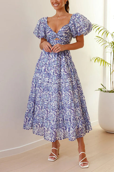 Mixiedress V Neck Twist Front Cut Out Waisted Floral Maxi Ruffle Dress