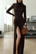 Mixiedress Turtleneck Ruched High Slit Maxi Party Dress