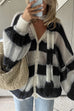 Mixiedress Lantern Sleeves Button Down Color Block Stripes Sweater with Scarf